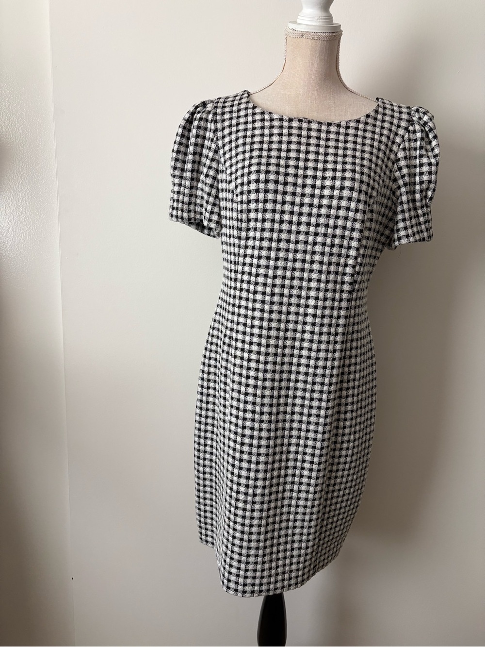 Andrew Marc Black & White Gingham Midi Dress with Puff Sleeves